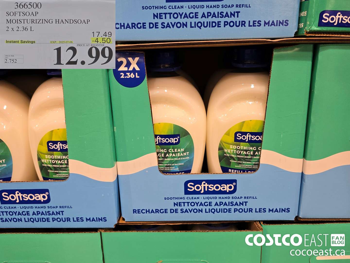 366500 SOFTSOAP HANDSOAP WITH ALOE 2 X 2.36 L ($4.50 INSTANT SAVINGS EXPIRES ON 2025-07-06) $12.99