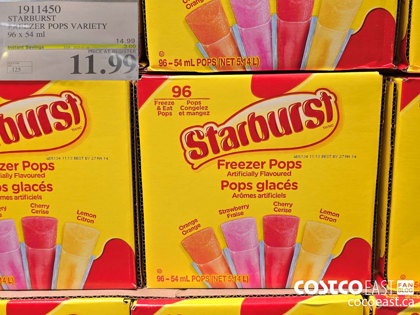 1911450 STARBURST FREEZER POPS VARIETY 96 x 54 ml ($3.00 INSTANT SAVINGS EXPIRES ON 2025-07-20) $11.99