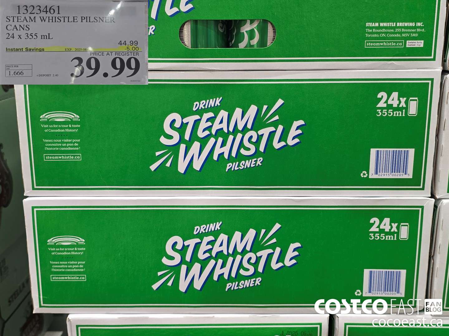 1323461 STEAM WHISTLE PILSNER CANS 24 x 355 mL ($5.00 INSTANT SAVINGS EXPIRES ON 2025-08-03) $39.99