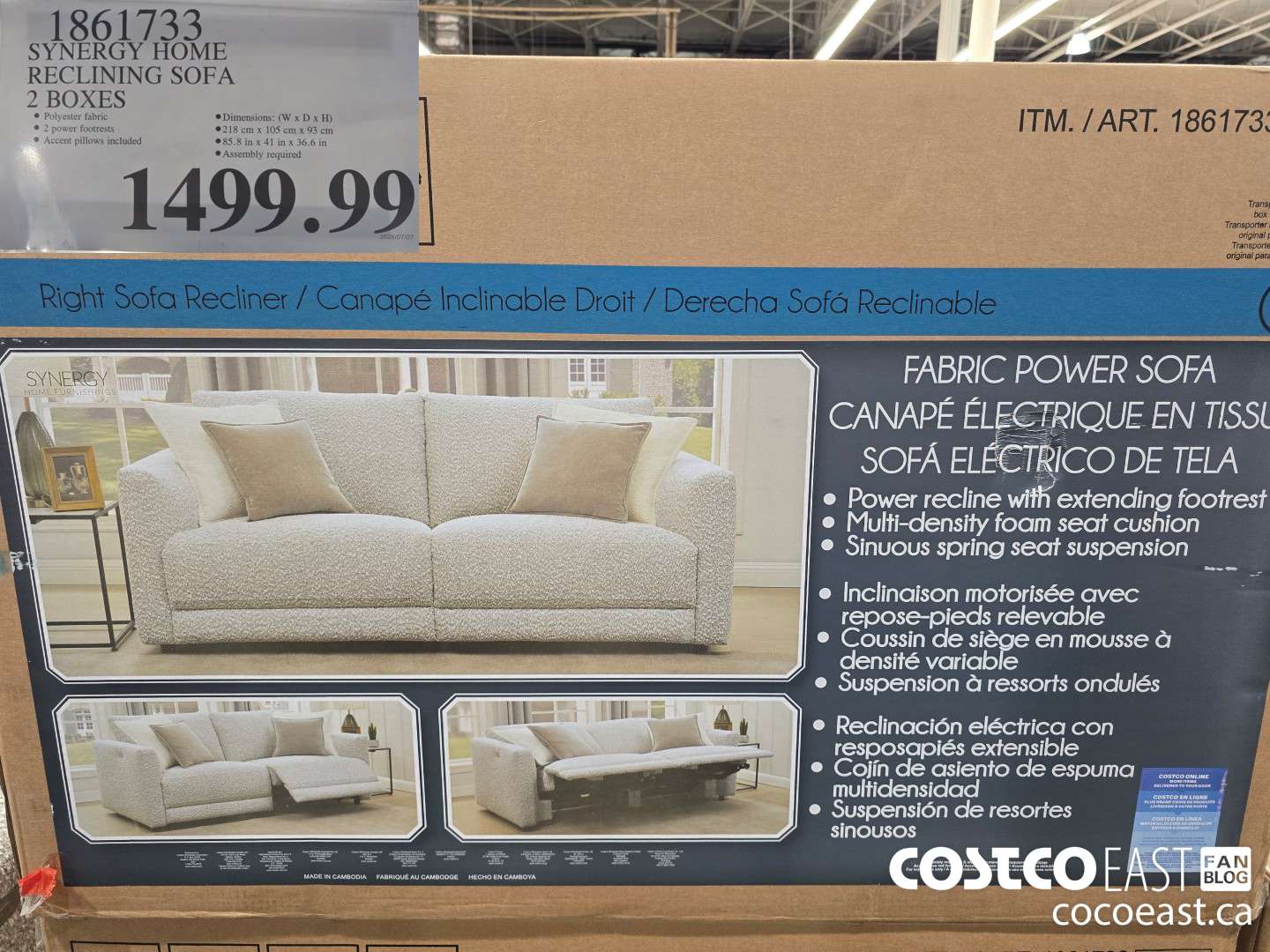 1861733 SYNERGY HOME RECLINING SOFA 2 BOXES $1499.99