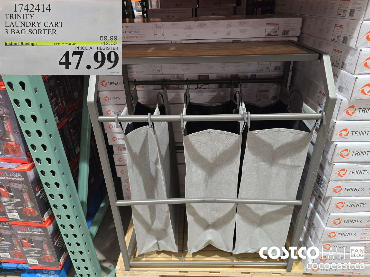 1742414 TRINITY LAUNDRY CART 3 BAG SORTER ($12.00 INSTANT SAVINGS EXPIRES ON 2025-08-03) $47.99