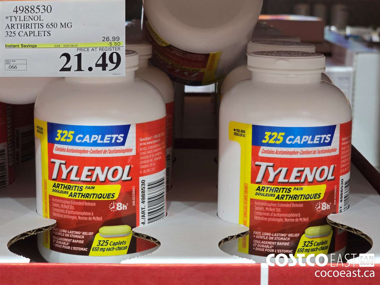 4988530 TYLENOL ARTHRITIS 650MG 325 CAPLETS ($5.50 INSTANT SAVINGS EXPIRES ON 2025-08-03) $21.49