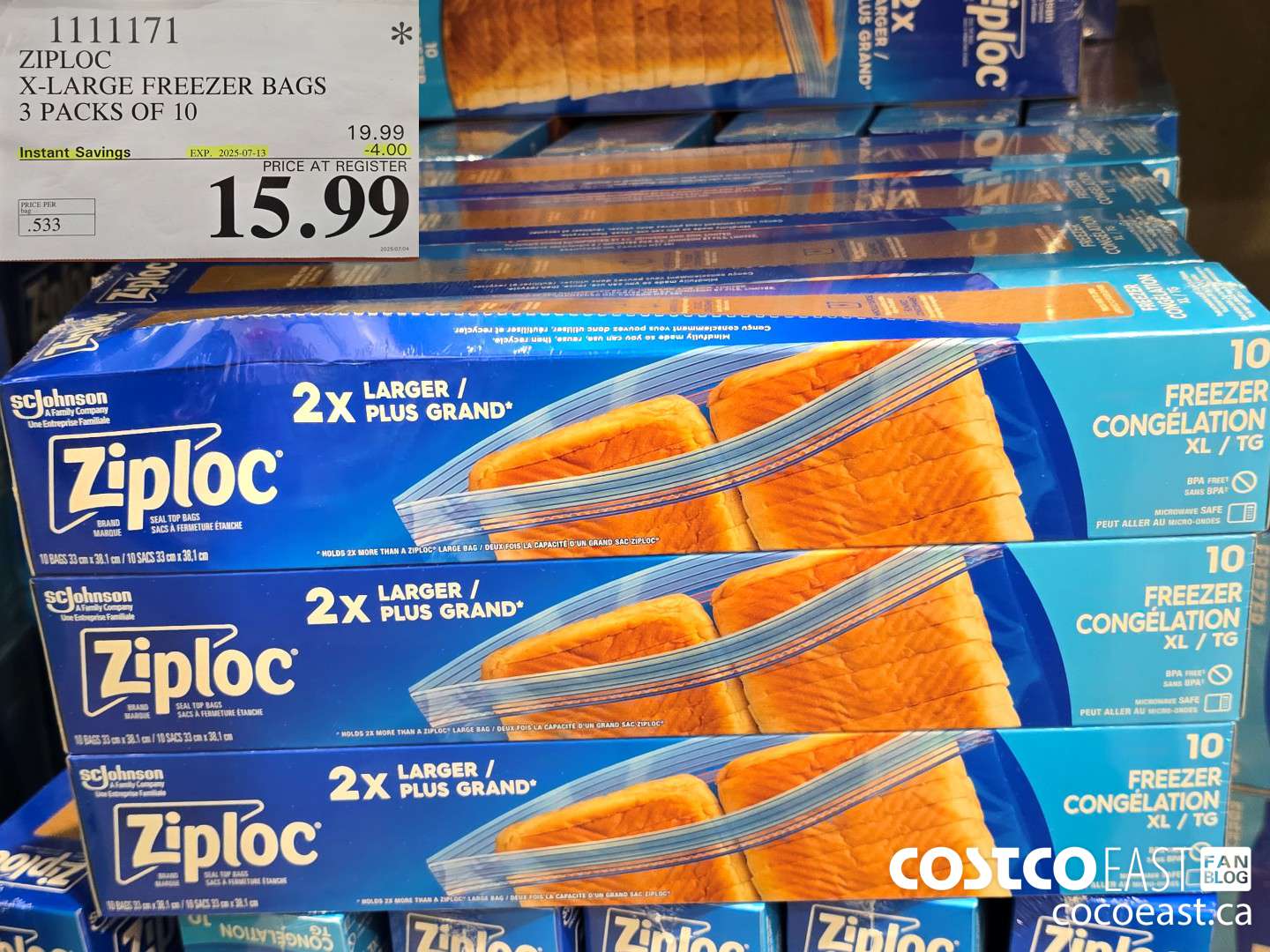 1111171 ZIPLOC X-LARGE FREEZER BAGS 3 PACKS OF 10 ($4.00 INSTANT SAVINGS EXPIRES ON 2025-07-13) $15.99