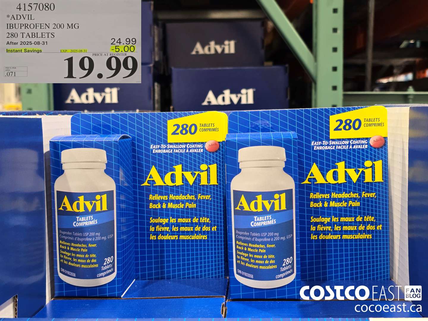 4157080 ADVIL IBUPROFEN 200MG 280 TABLETS ($5.00 INSTANT SAVINGS EXPIRES ON 2025-08-31) $19.99