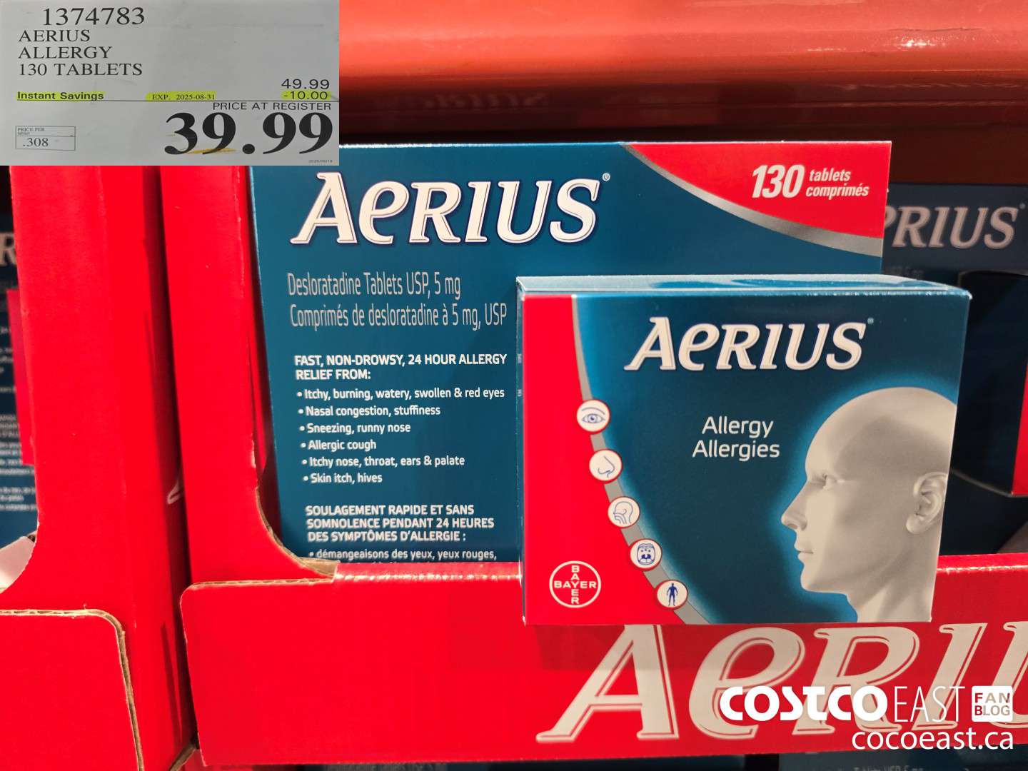 1374783 AERIUS ALLERGY 130 TABLETS ($10.00 INSTANT SAVINGS EXPIRES ON 2025-08-31) $39.99