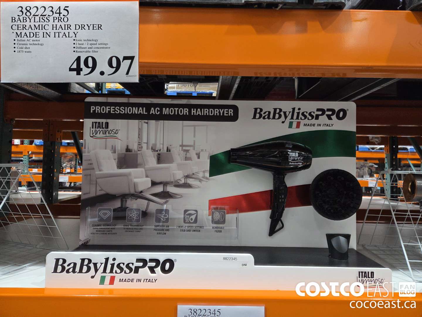 3822345 BABYLISS PRO CERAMIC HAIR DRYER MADE IN ITALY $49.97