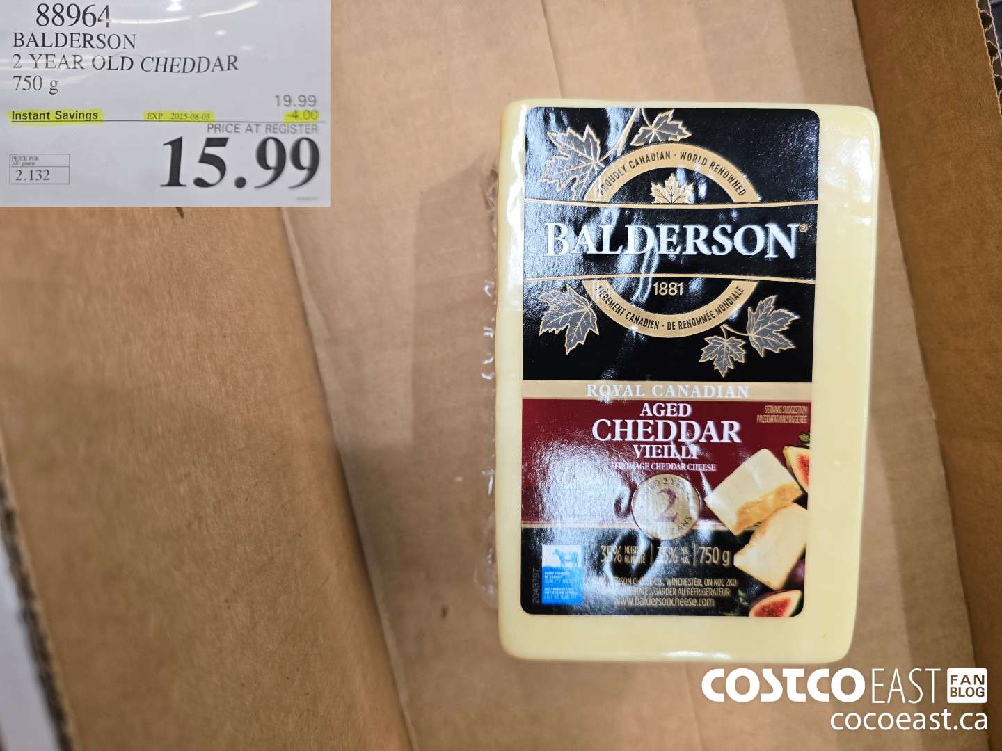88964 BALDERSON 2 YEAR OLD CHEDDAR 750 g ($4.00 INSTANT SAVINGS EXPIRES ON 2025-08-03) $15.99