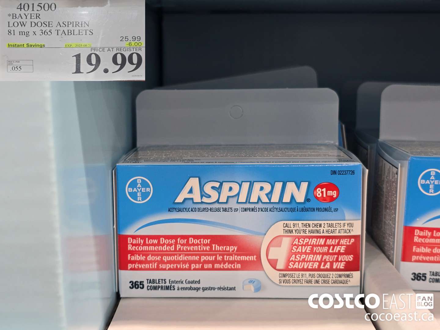 401500 BAYER LOW DOSE ASPIRIN 81MG 365 TABLETS ($6.00 INSTANT SAVINGS EXPIRES ON 2025-08-31) $19.99