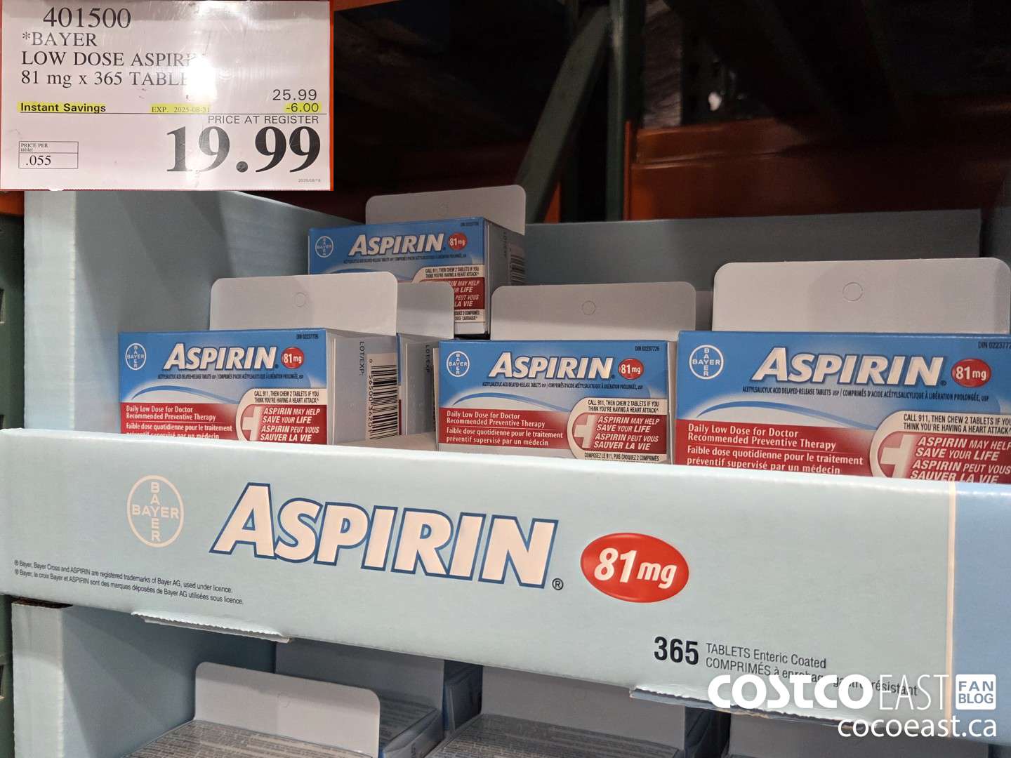 401500 BAYER LOW DOSE ASPIRIN 81MG 365 TABLETS ($6.00 INSTANT SAVINGS EXPIRES ON 2025-08-31) $19.99