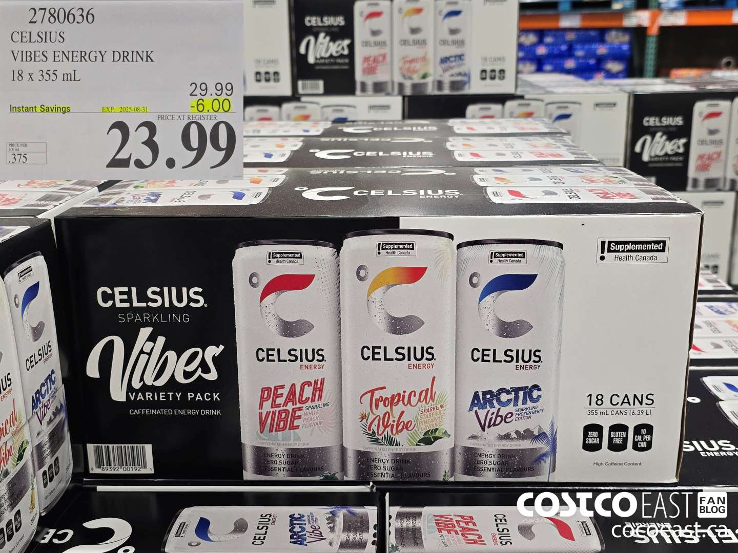 2780636 CELSIUS VIBES ENERGY DRINK 18 X 355 ML ($6.00 INSTANT SAVINGS EXPIRES ON 2025-08-31) $23.99