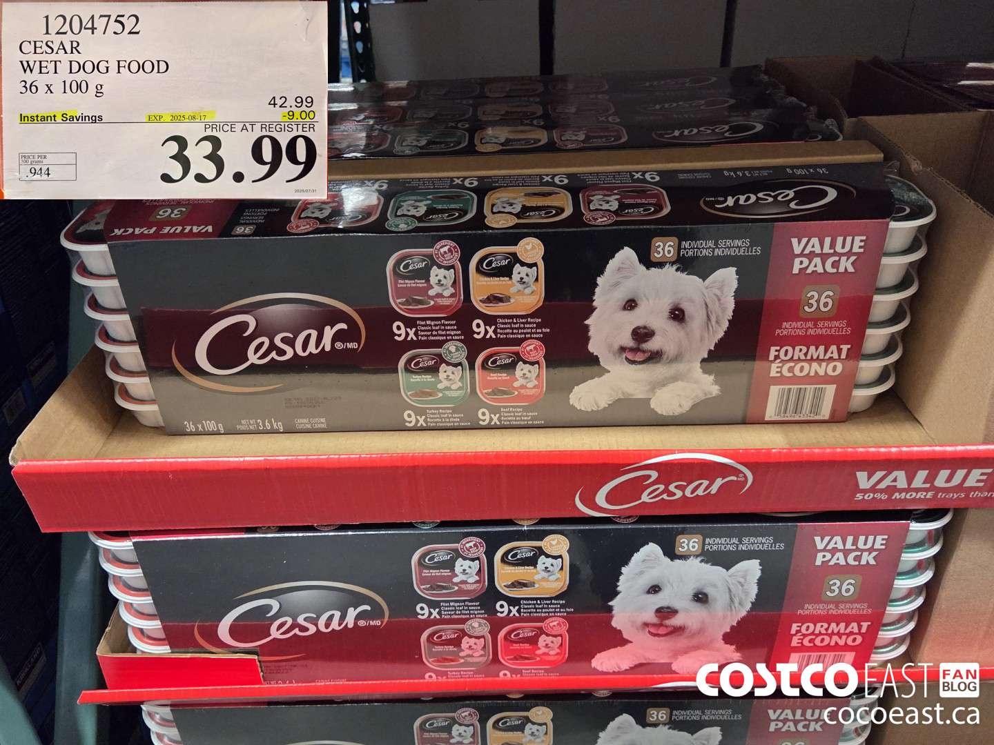 1204752 CESAR WET DOG FOOD 36 x 100 G  ($9.00 INSTANT SAVINGS EXPIRES ON 2025-08-17) $33.99