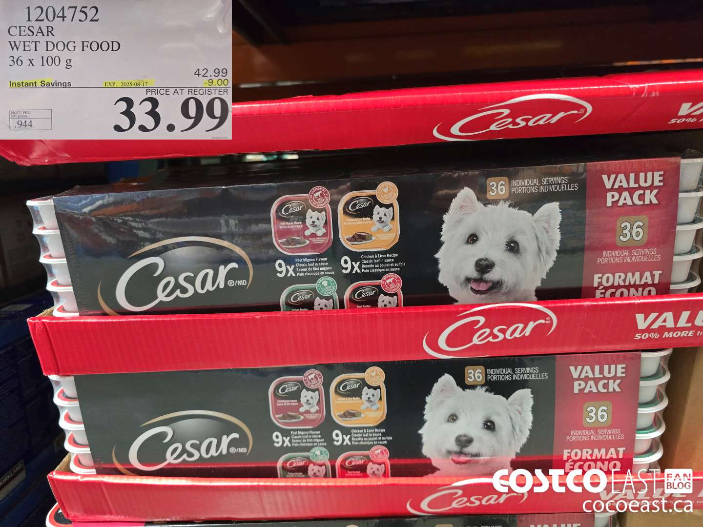 1204752 CESAR WET DOG FOOD 36 x 100 G  ($9.00 INSTANT SAVINGS EXPIRES ON 2025-08-17) $33.99