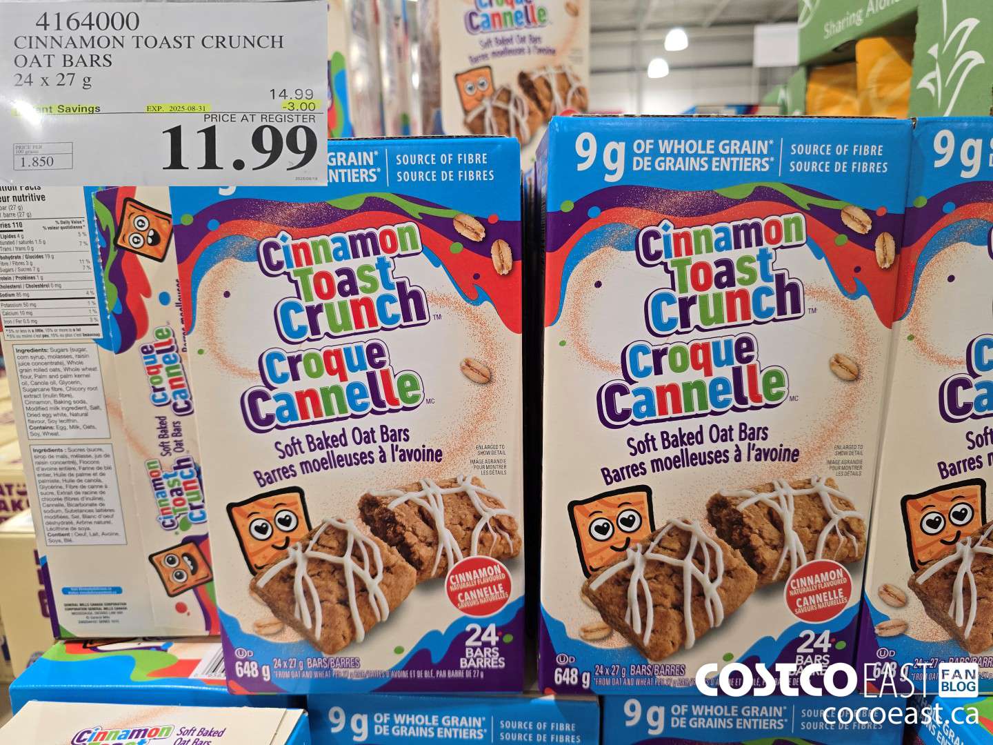 4164000 CINNAMON TOAST CRUNCH SOFT BAKED OAT BARS 24x27 G ($3.00 INSTANT SAVINGS EXPIRES ON 2025-08-31) $11.99