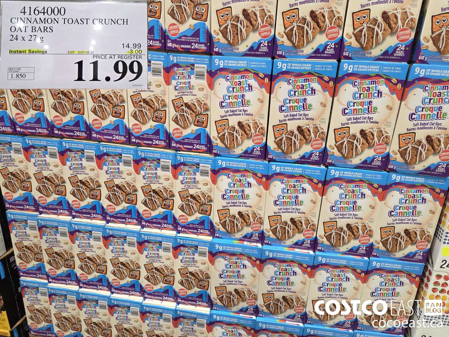 4164000 CINNAMON TOAST CRUNCH SOFT BAKED OAT BARS 24x27 G ($3.00 INSTANT SAVINGS EXPIRES ON 2025-08-31) $11.99