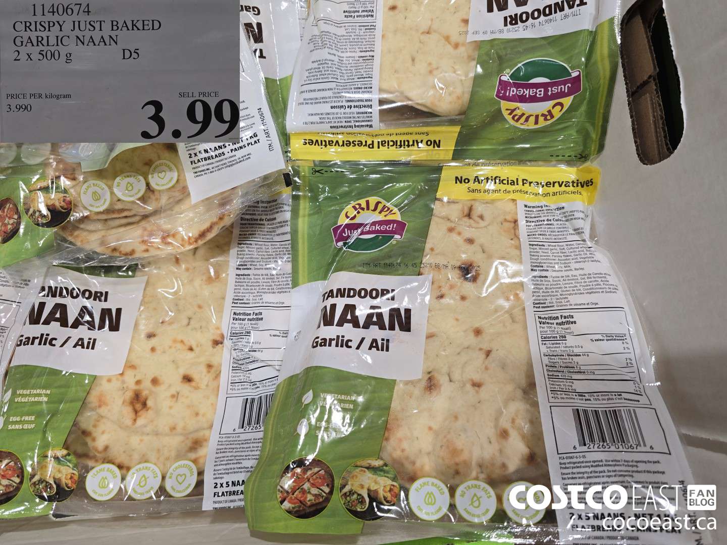 1140674 CRISPY JUST BAKED GARLIC NAAN 2 X 500G $3.99