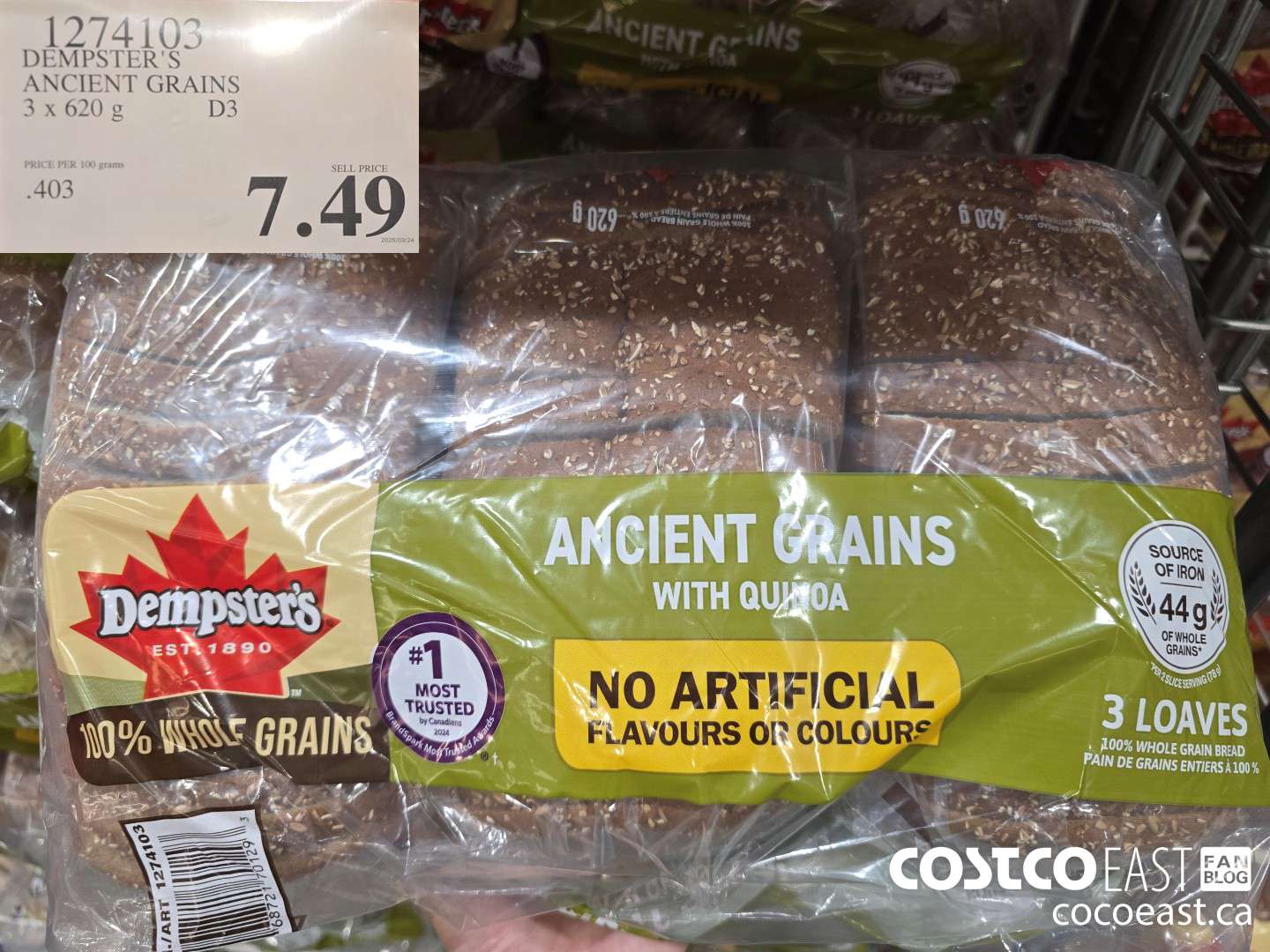 1274103 DEMPSTER'S ANCIENT GRAINS 3 X 620 G $7.49