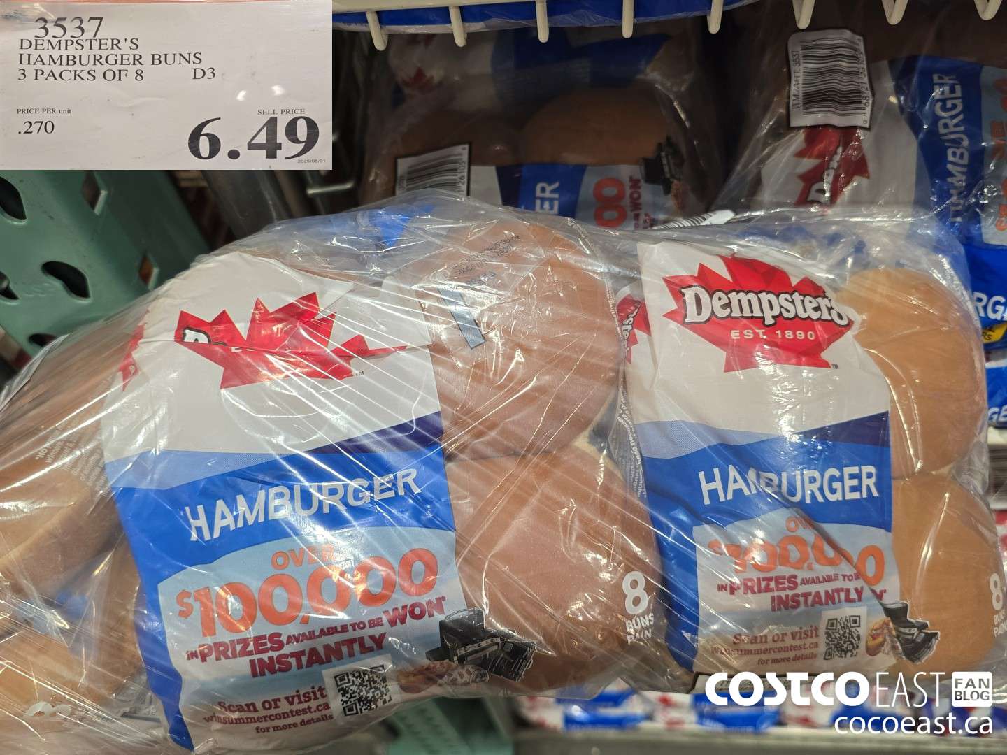 3537 DEMPSTER'S HAMBURGER BUNS 3 PACKS OF 8 $6.49