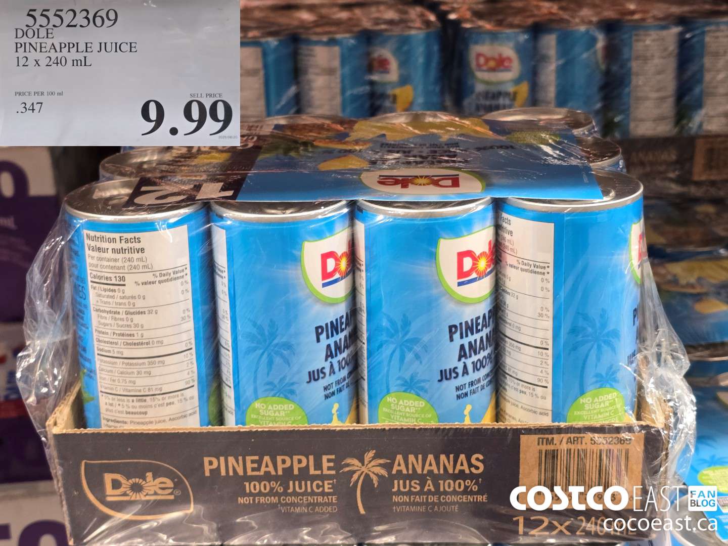 5552369 DOLE PINEAPPLE JUICE 12 x 240 mL $9.99