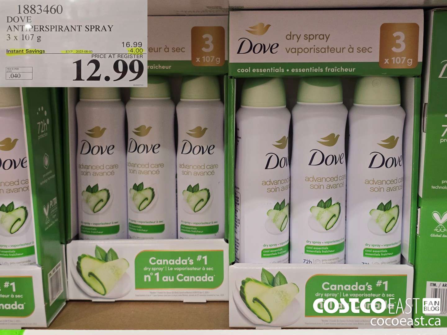 1883460 DOVE ANTIPERSPIRANT SPRAY 3 x 107 g ($4.00 INSTANT SAVINGS EXPIRES ON 2025-08-03) $12.99