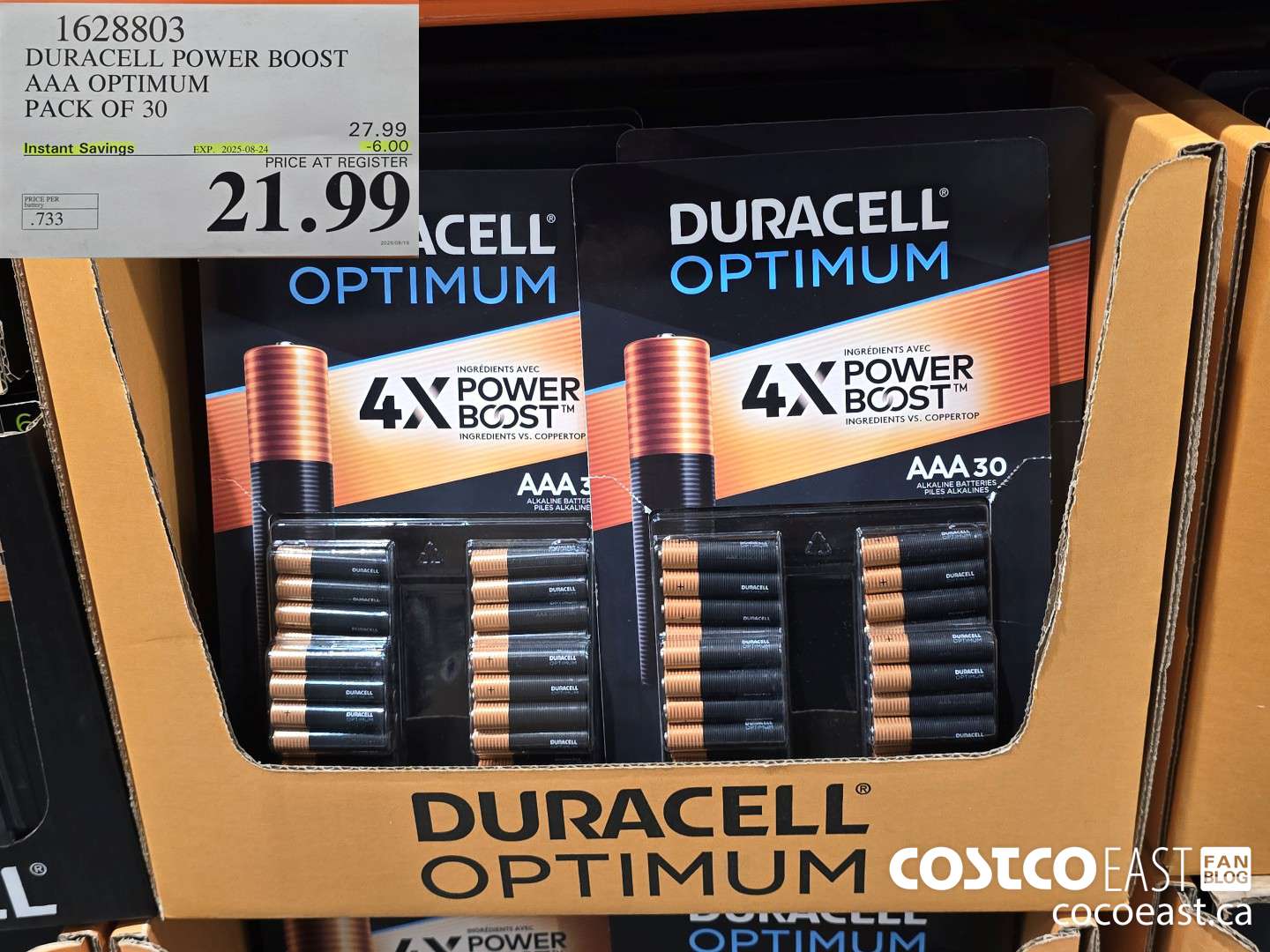 1628803 DURACELL POWER BOOST AAA OPTIMUM PACK OF 30 ($6.00 INSTANT SAVINGS EXPIRES ON 2025-08-24) $21.99