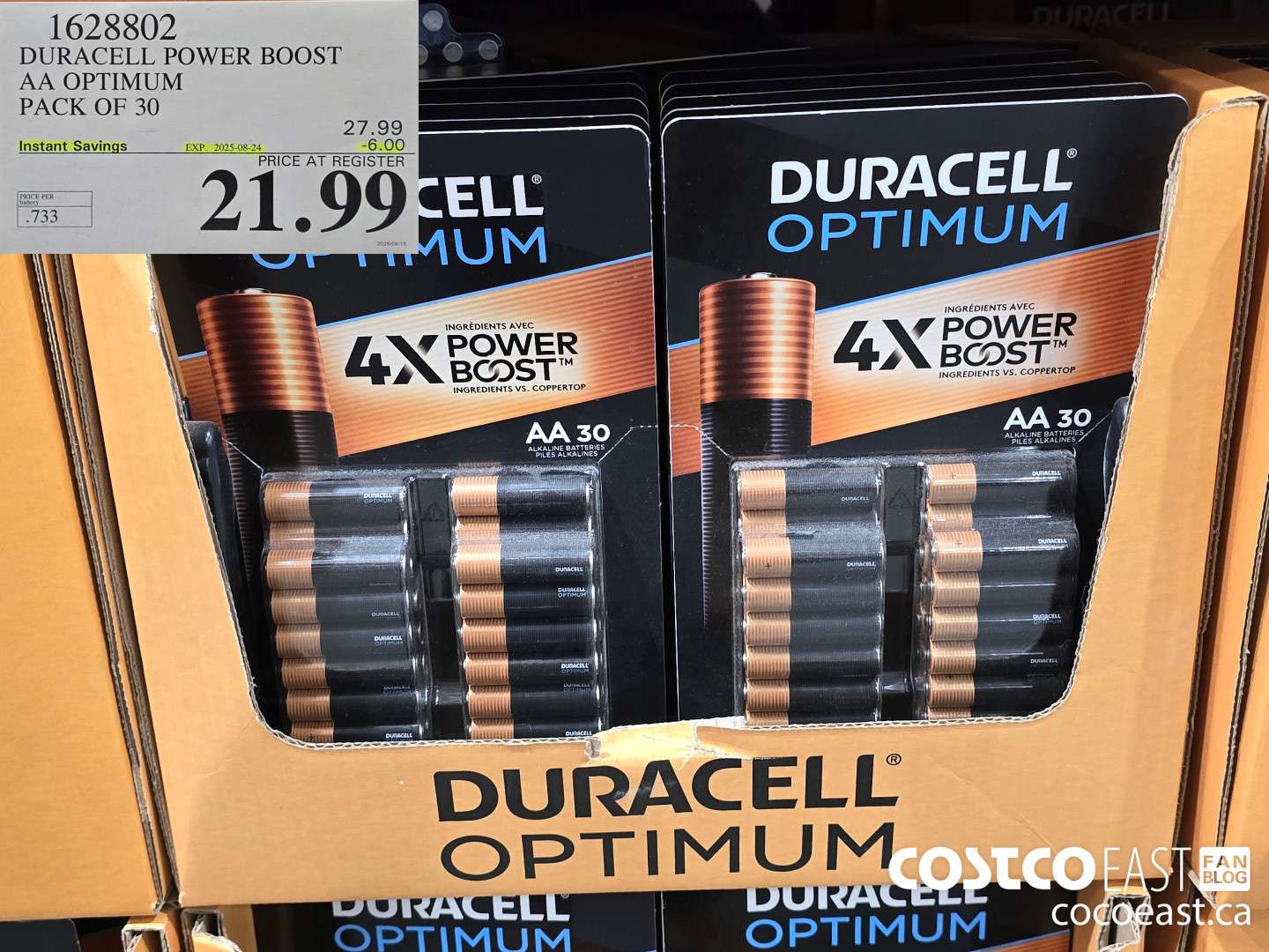 1628802 DURACELL POWER BOOST AA OPTIMUM PACK OF 30 ($6.00 INSTANT SAVINGS EXPIRES ON 2025-08-24) $21.99