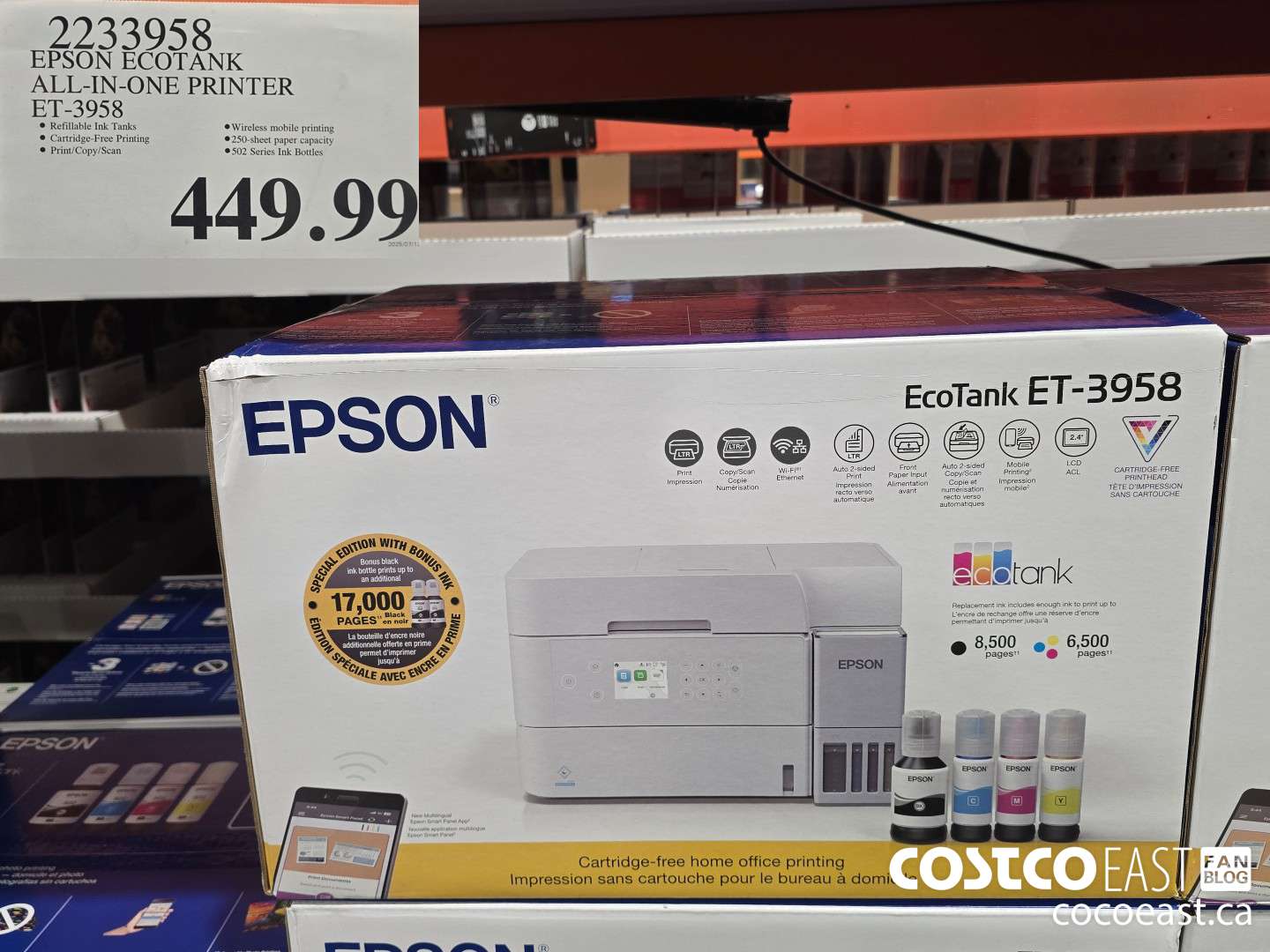 2233958 EPSON ECOTANK ALL-IN-ONE PRINTER ET-3958 $449.99