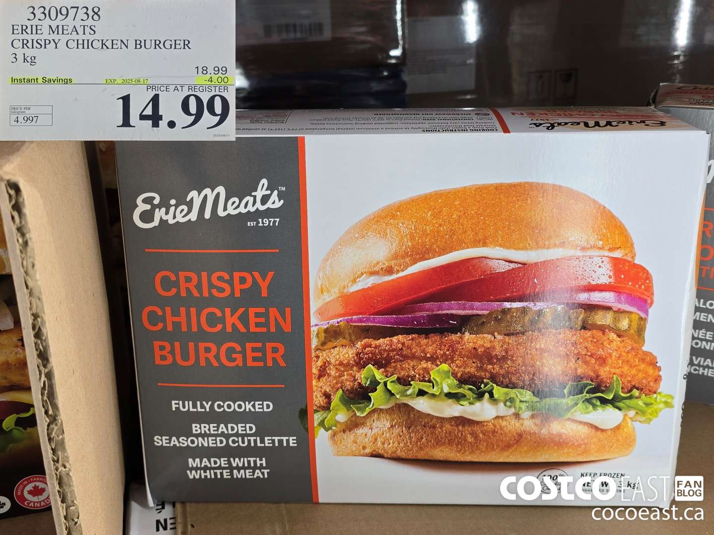 3309738 ERIE MEATS CRISPY CHICKEN BURGER 3 kg ($4.00 INSTANT SAVINGS EXPIRES ON 2025-08-17) $14.99