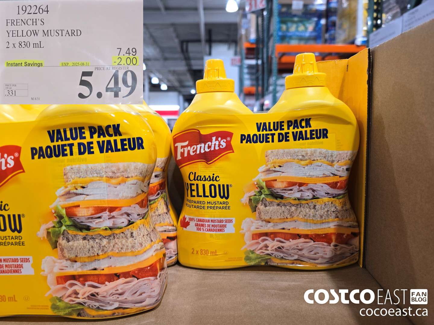 192264 FRENCH'S YELLOW MUSTARD 2 X 830 ML ($2.00 INSTANT SAVINGS EXPIRES ON 2025-08-31) $5.49