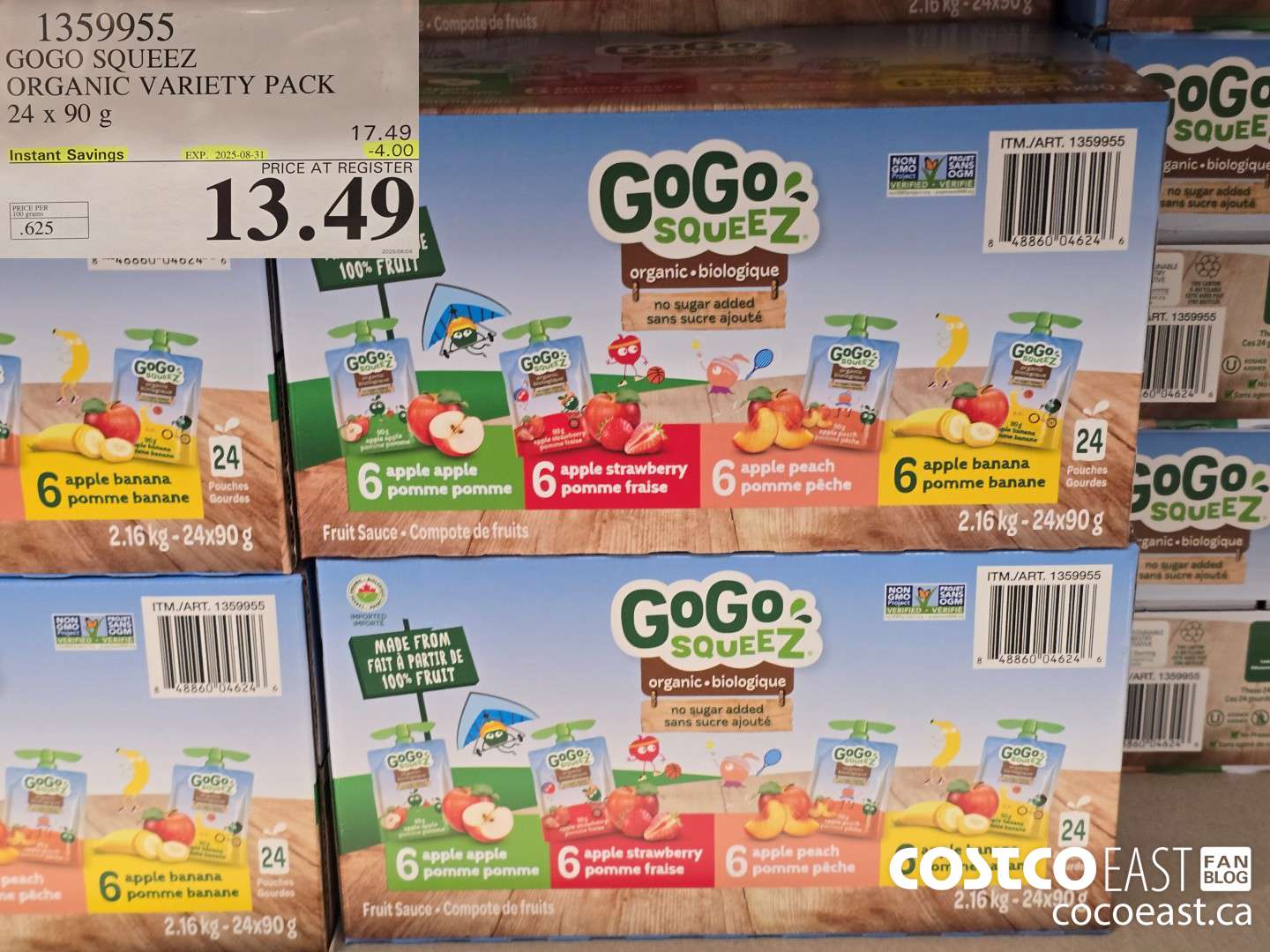 1359955 GOGO SQUEEZ ORGANIC VARIETY PACK 24 x 90 g ($4.00 INSTANT SAVINGS EXPIRES ON 2025-08-31) $13.49