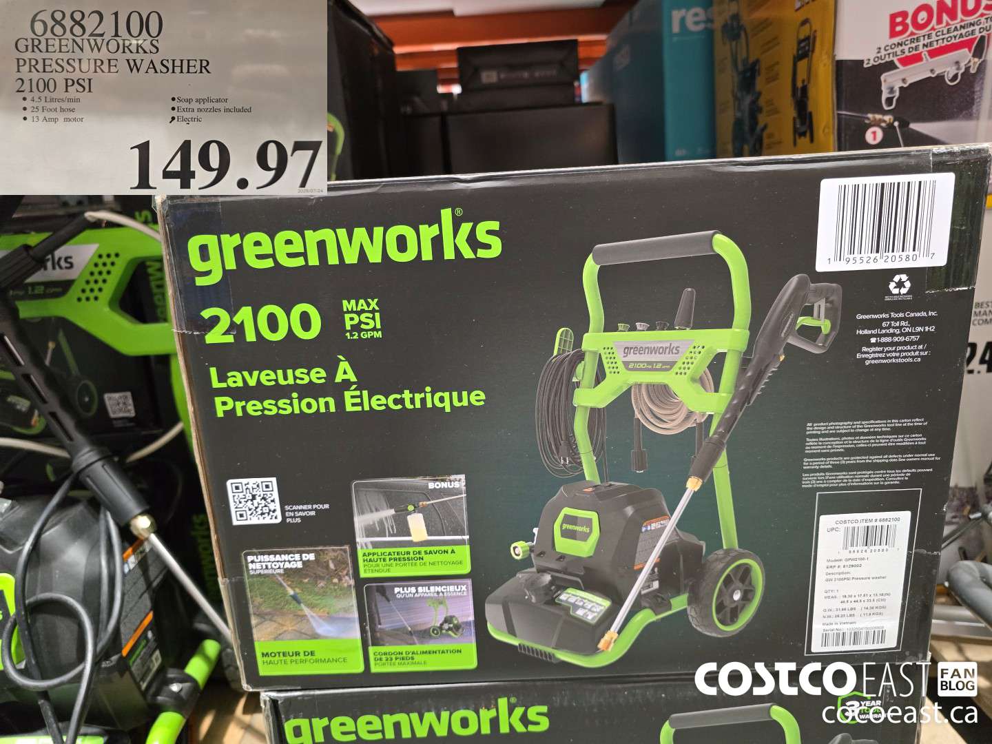 6882100 GREENWORKS PRESSURE WASHER 2100 PST $149.97