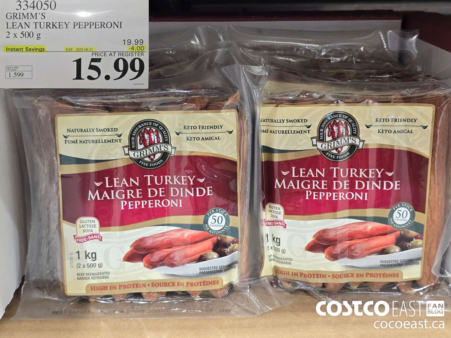 334050 GRIMM'S LEAN TURKEY PEPPERONI 2 X 500 G ($4.00 INSTANT SAVINGS EXPIRES ON 2025-08-31) $15.99