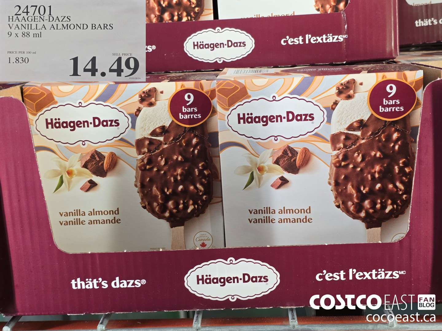 24701 HAAGAN-DAZS VANILLA ALMOND BARS 9 X 88 ML $14.49