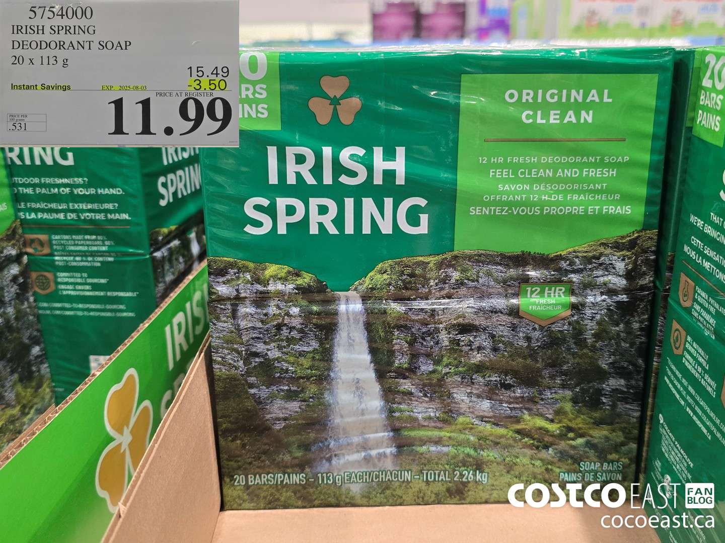 5754000 IRISH SPRING DEODORANT SOAP 20 X 113 G ($3.50 INSTANT SAVINGS EXPIRES ON 2025-08-03) $11.99