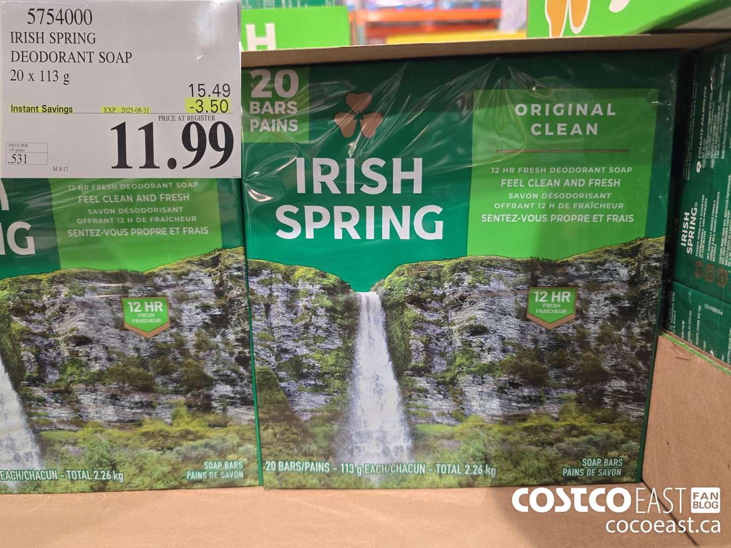 5754000 IRISH SPRING DEODORANT SOAP 20 X 113 G ($3.50 INSTANT SAVINGS EXPIRES ON 2025-08-31) $11.99
