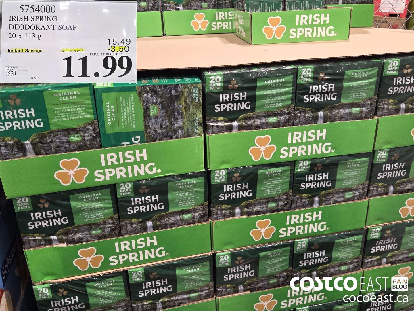 5754000 IRISH SPRING DEODORANT SOAP 20 X 113 G ($3.50 INSTANT SAVINGS EXPIRES ON 2025-08-31) $11.99