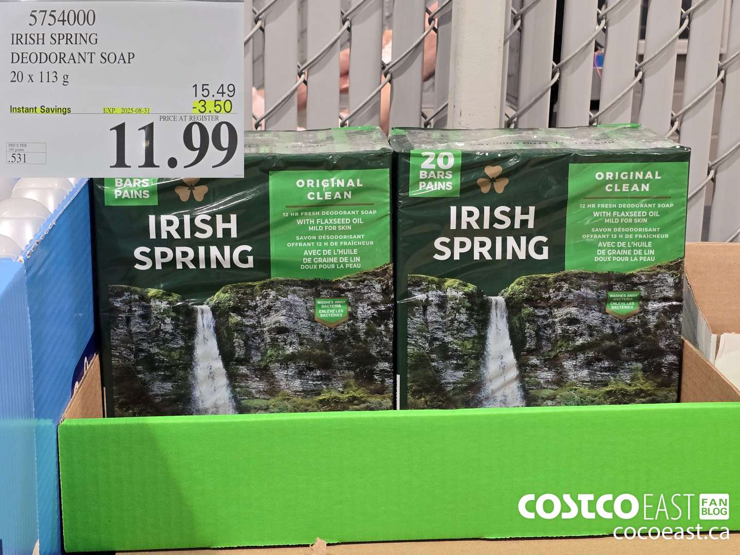 5754000 IRISH SPRING DEODORANT SOAP 20 X 113 G ($3.50 INSTANT SAVINGS EXPIRES ON 2025-08-31) $11.99