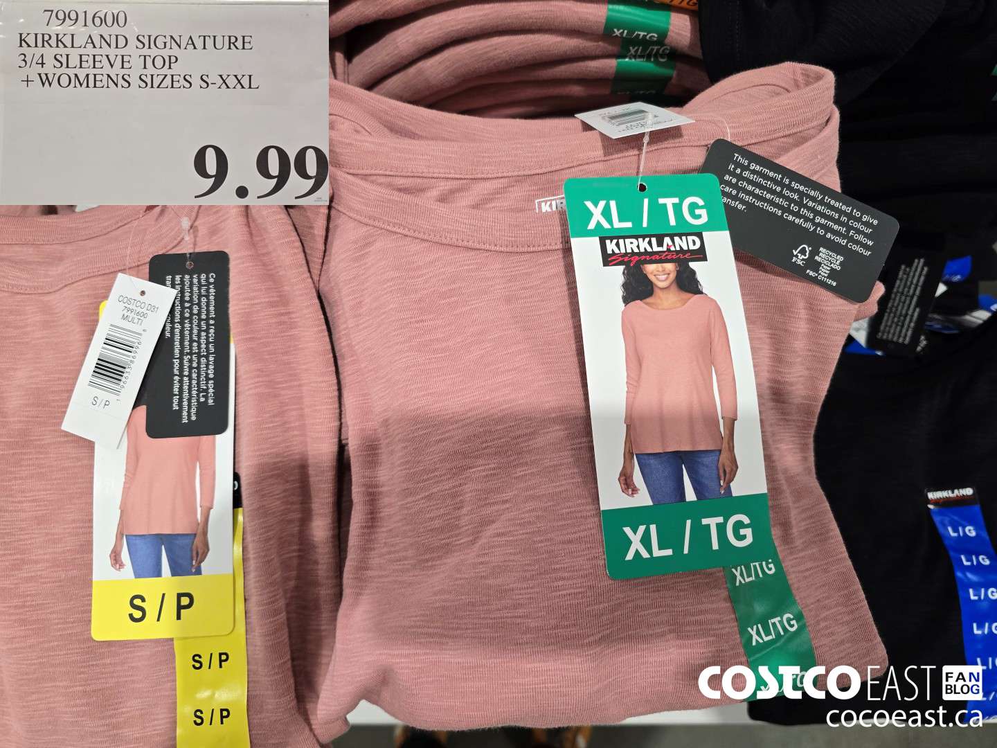 7991600 KIRKLAND SIGNATURE 3/4 SLEEVE TOP + LADIES SIZES S-XXL $9.99