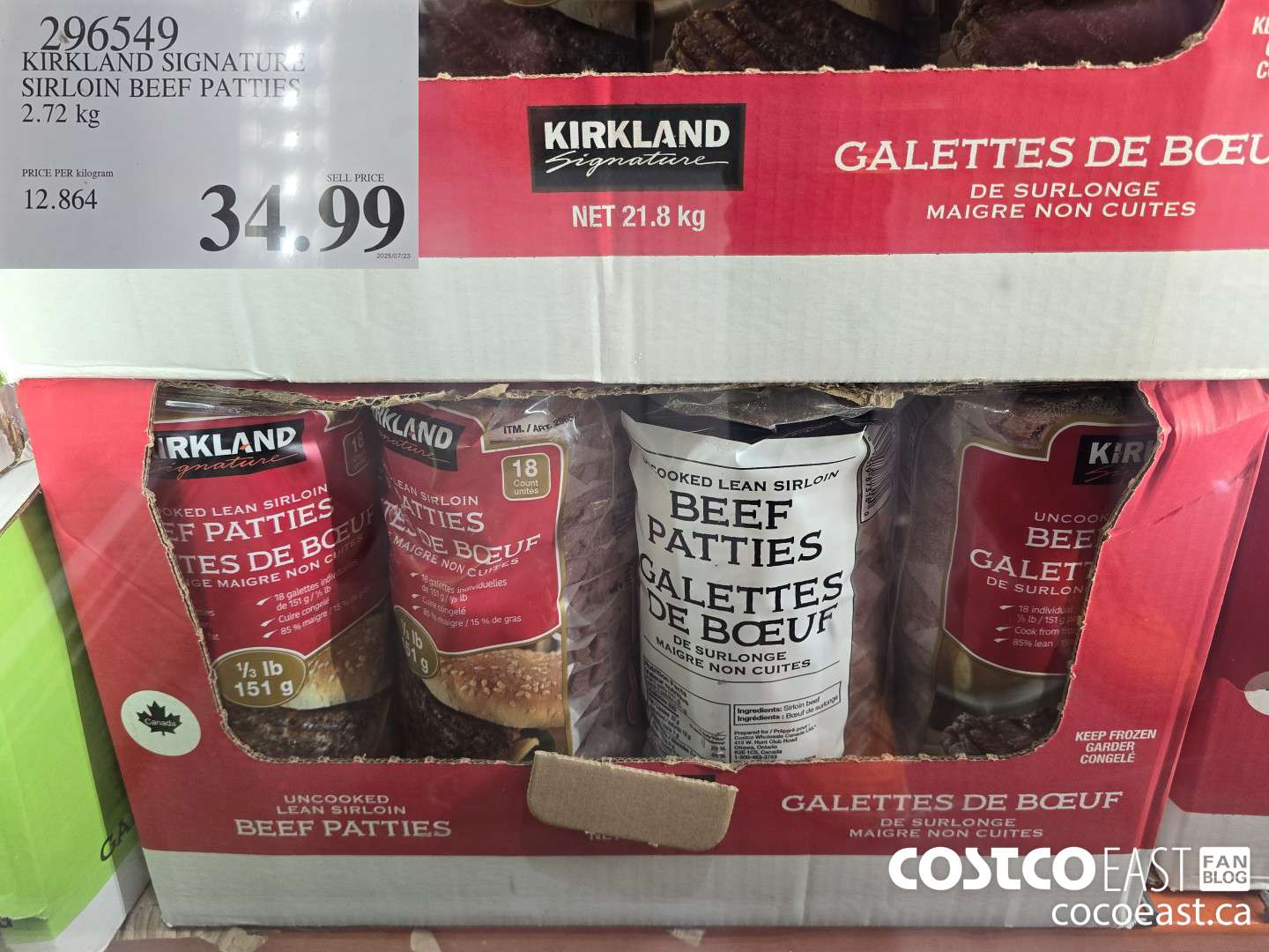 296549 KIRKLAND SIGNATURE SIRLOIN BEEF PATTIES 18 x 151 G $34.99