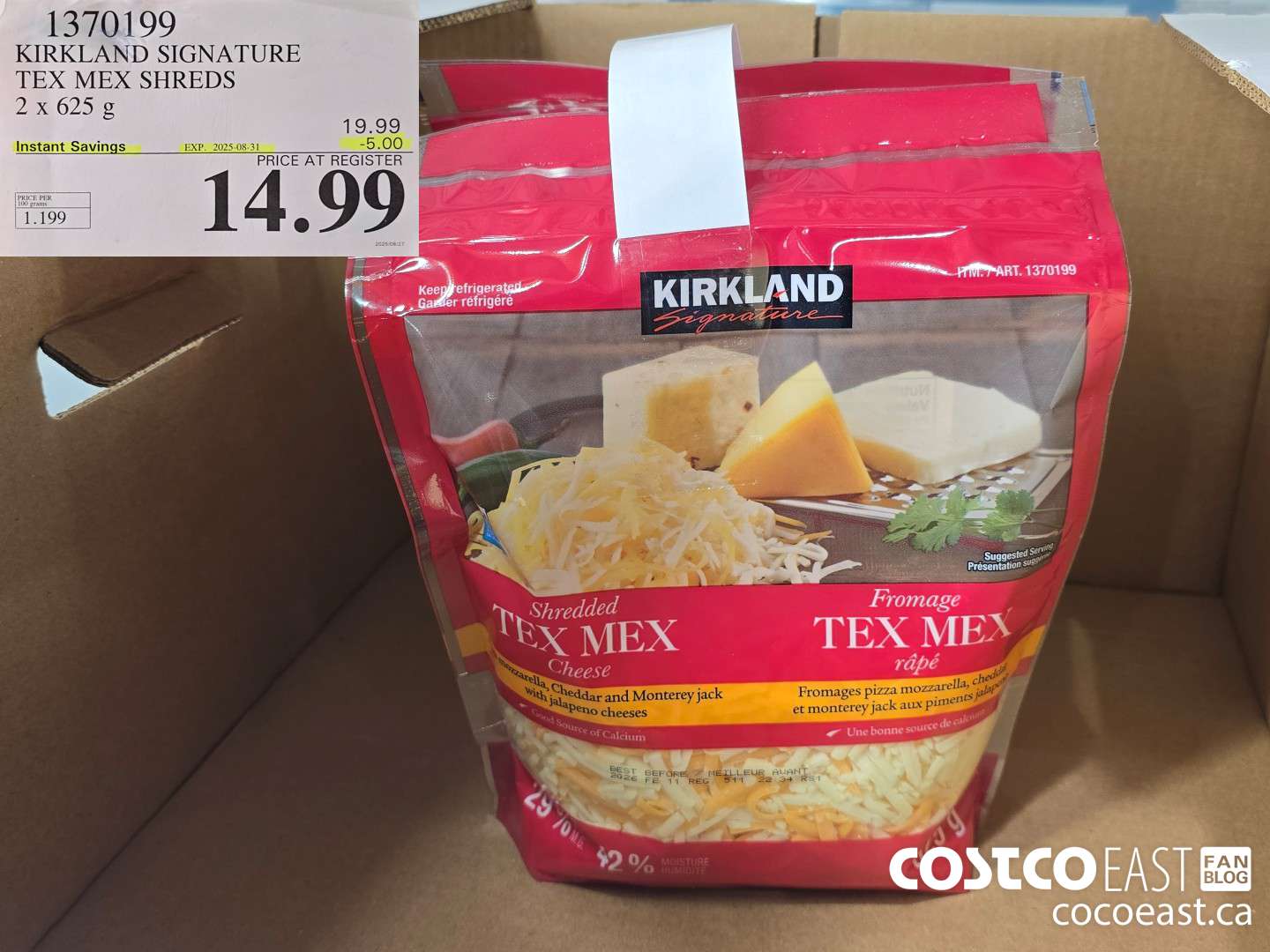 1370199 KIRKLAND SIGNATURE TEX MEX SHREDS 2 X 625G ($5.00 INSTANT SAVINGS EXPIRES ON 2025-08-31) $14.99