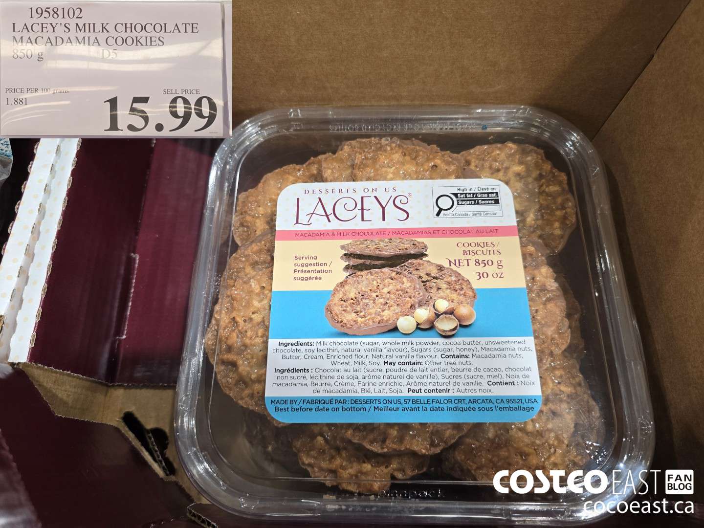 1958102 LACEY'S MILK CHOCOLATE MACADAMIA COOKIES 850 G $15.99