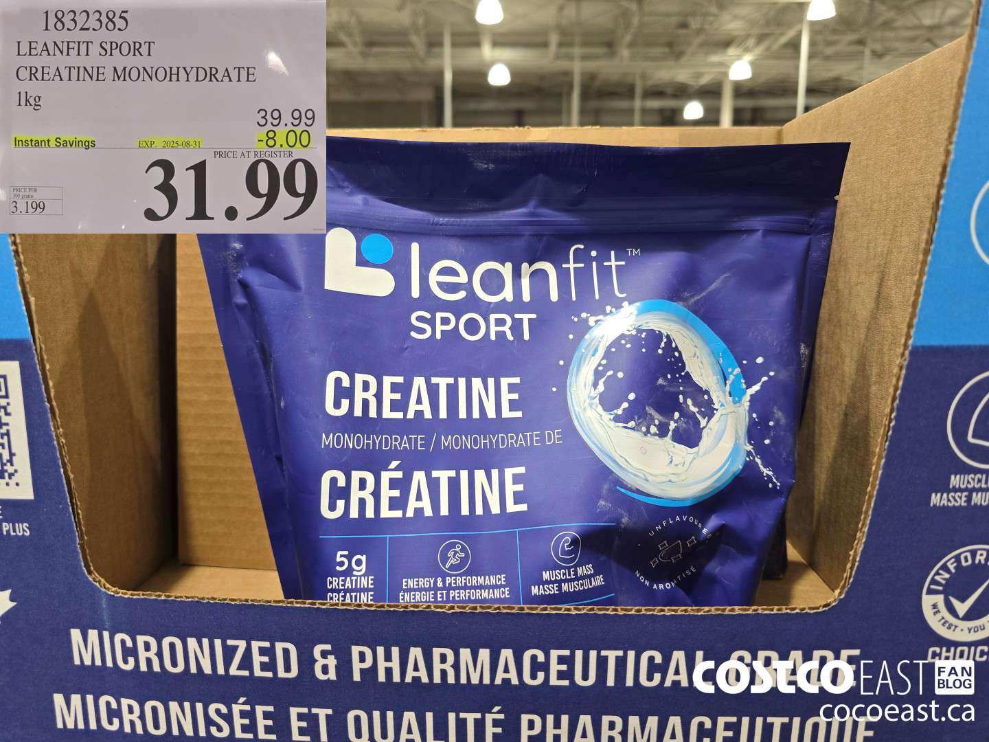 1832385 LEANFIT SPORT CREATINE MONOHYDRATE 1 KG ($8.00 INSTANT SAVINGS EXPIRES ON 2025-08-31) $31.99