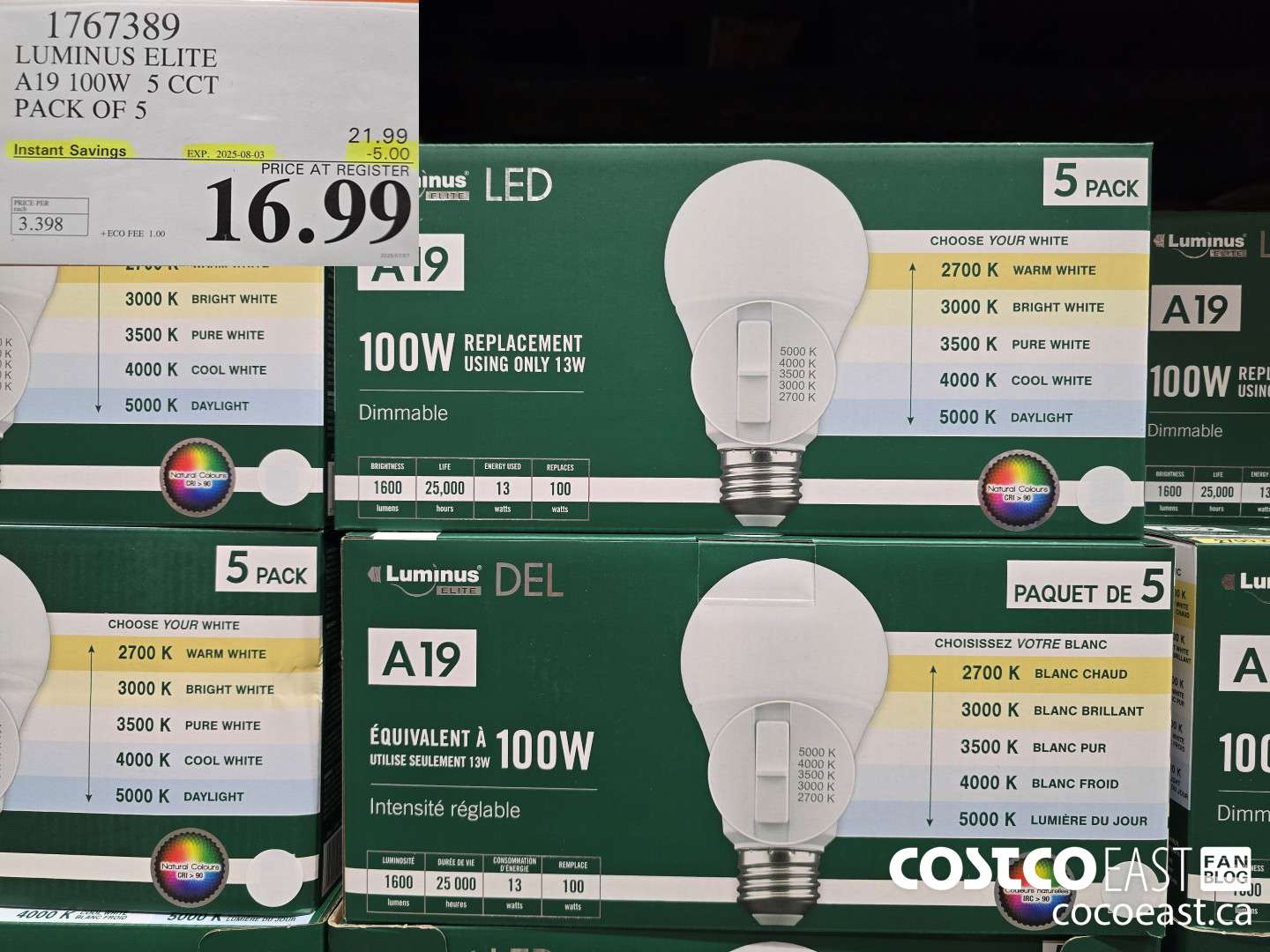 1767389 LUMINUS ELITE A19 100W 5 CCT PACK OF 5 ($5.00 INSTANT SAVINGS EXPIRES ON 2025-08-03) $16.99