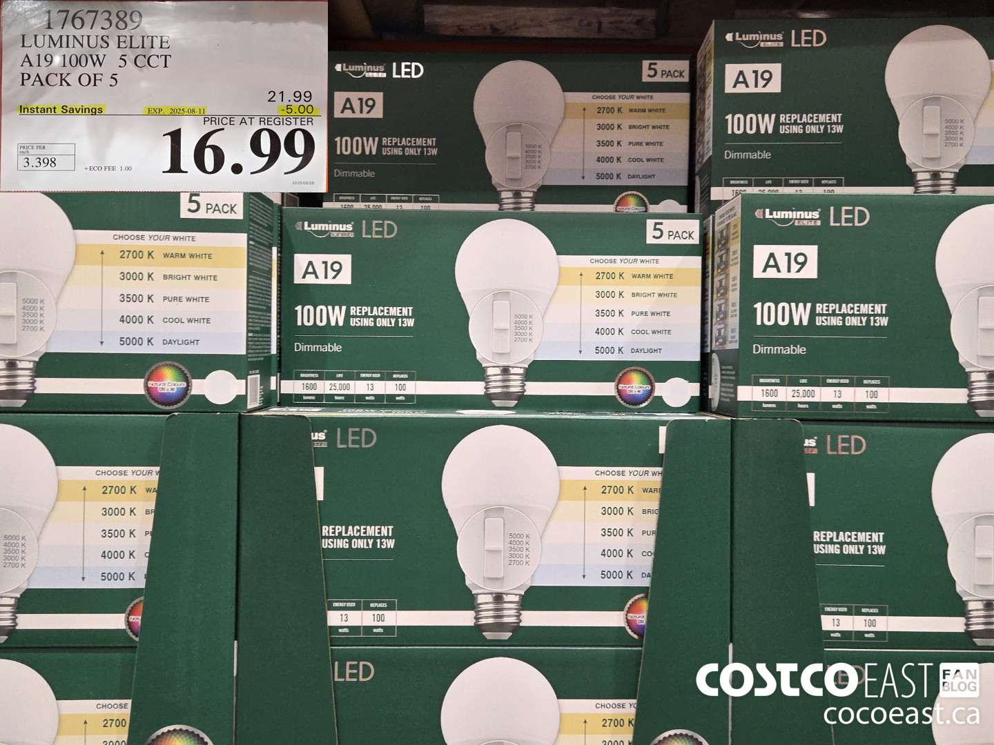 1767389 LUMINUS ELITE A19 100W 5 CCT PACK OF 5 ($5.00 INSTANT SAVINGS EXPIRES ON 2025-08-11) $16.99