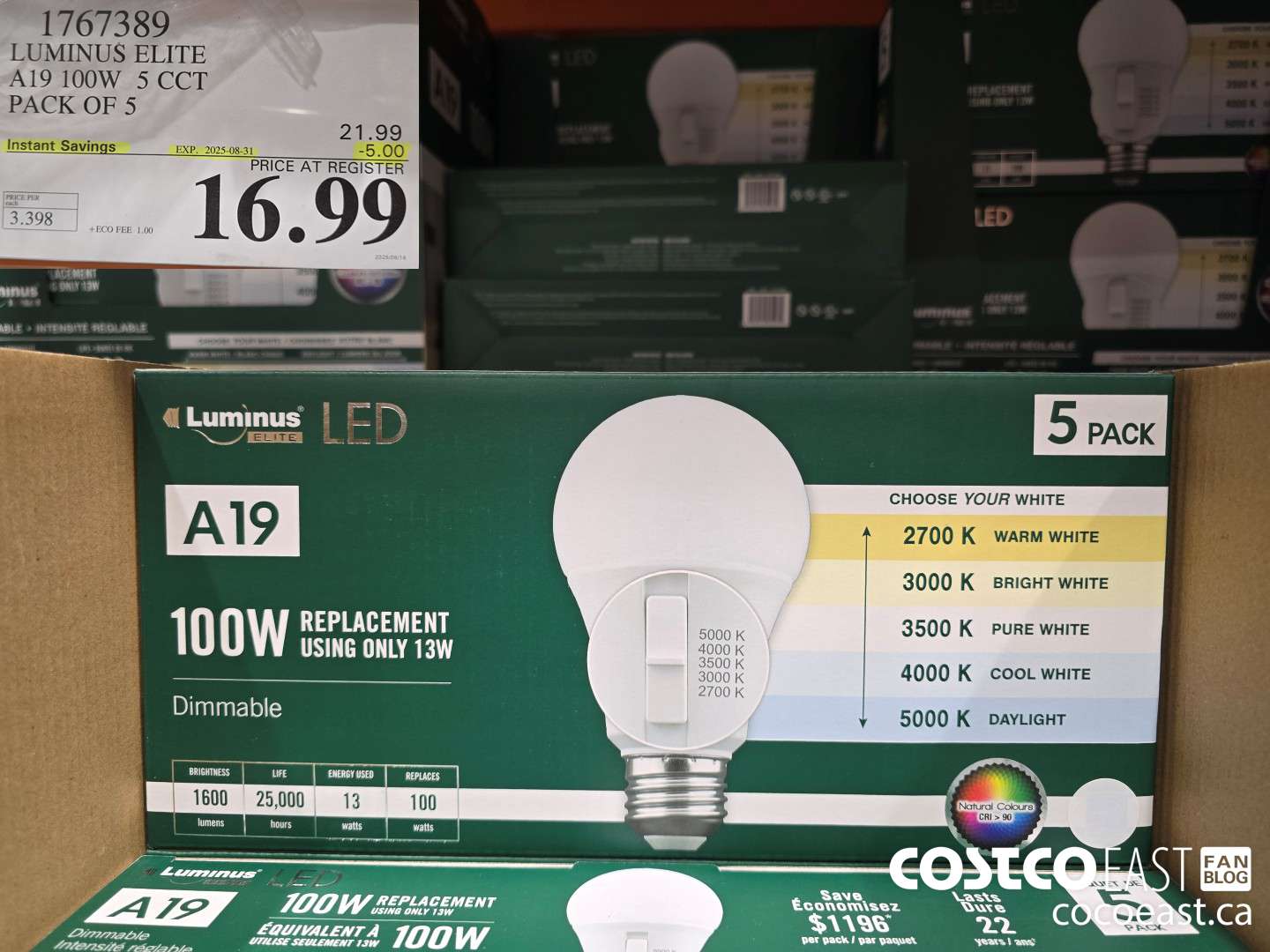 1767389 LUMINUS ELITE A19 100W 5 CCT PACK OF 5 ($5.00 INSTANT SAVINGS EXPIRES ON 2025-08-31) $16.99