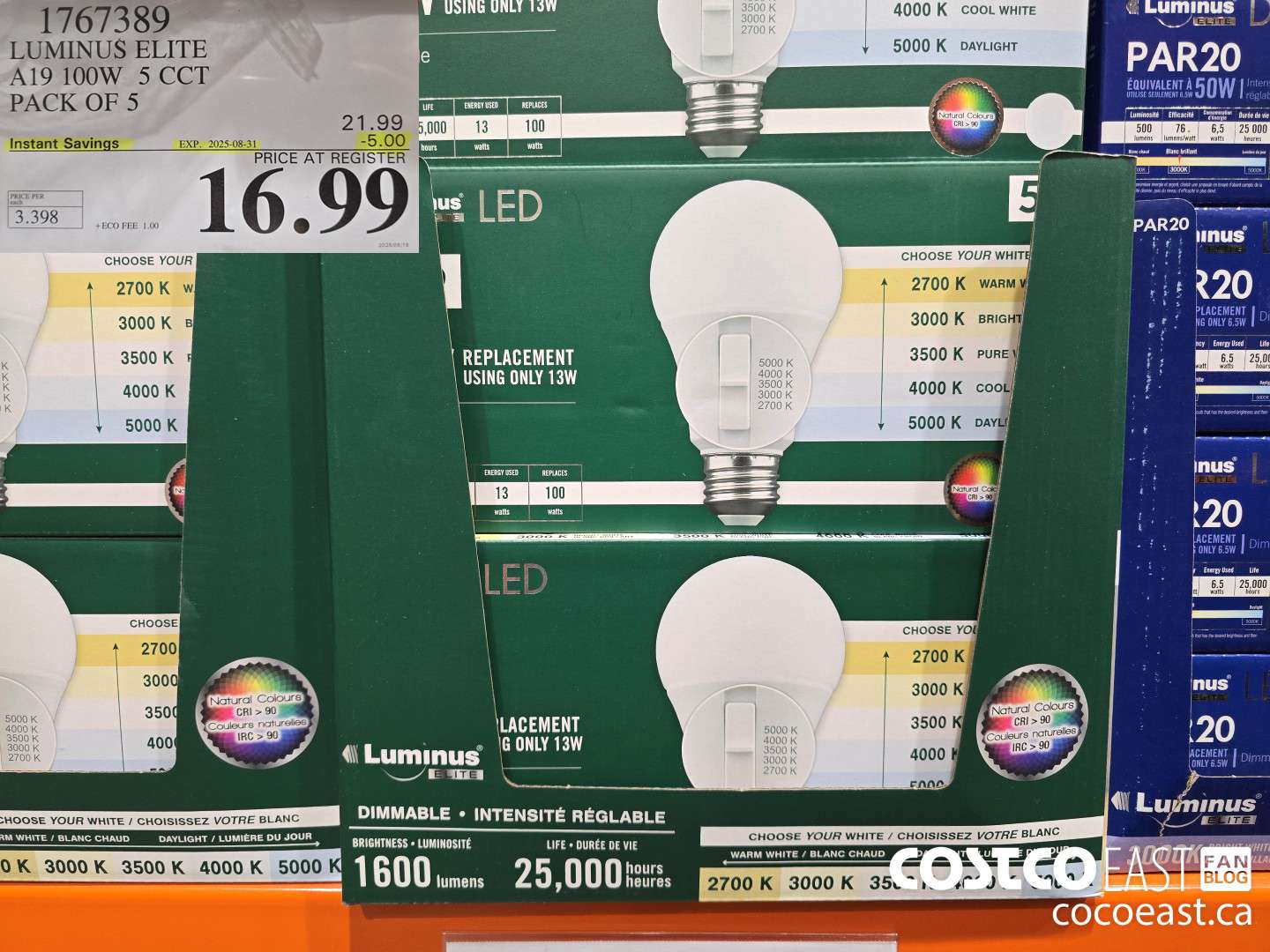 1767389 LUMINUS ELITE A19 100W 5 CCT PACK OF 5 ($5.00 INSTANT SAVINGS EXPIRES ON 2025-08-31) $16.99