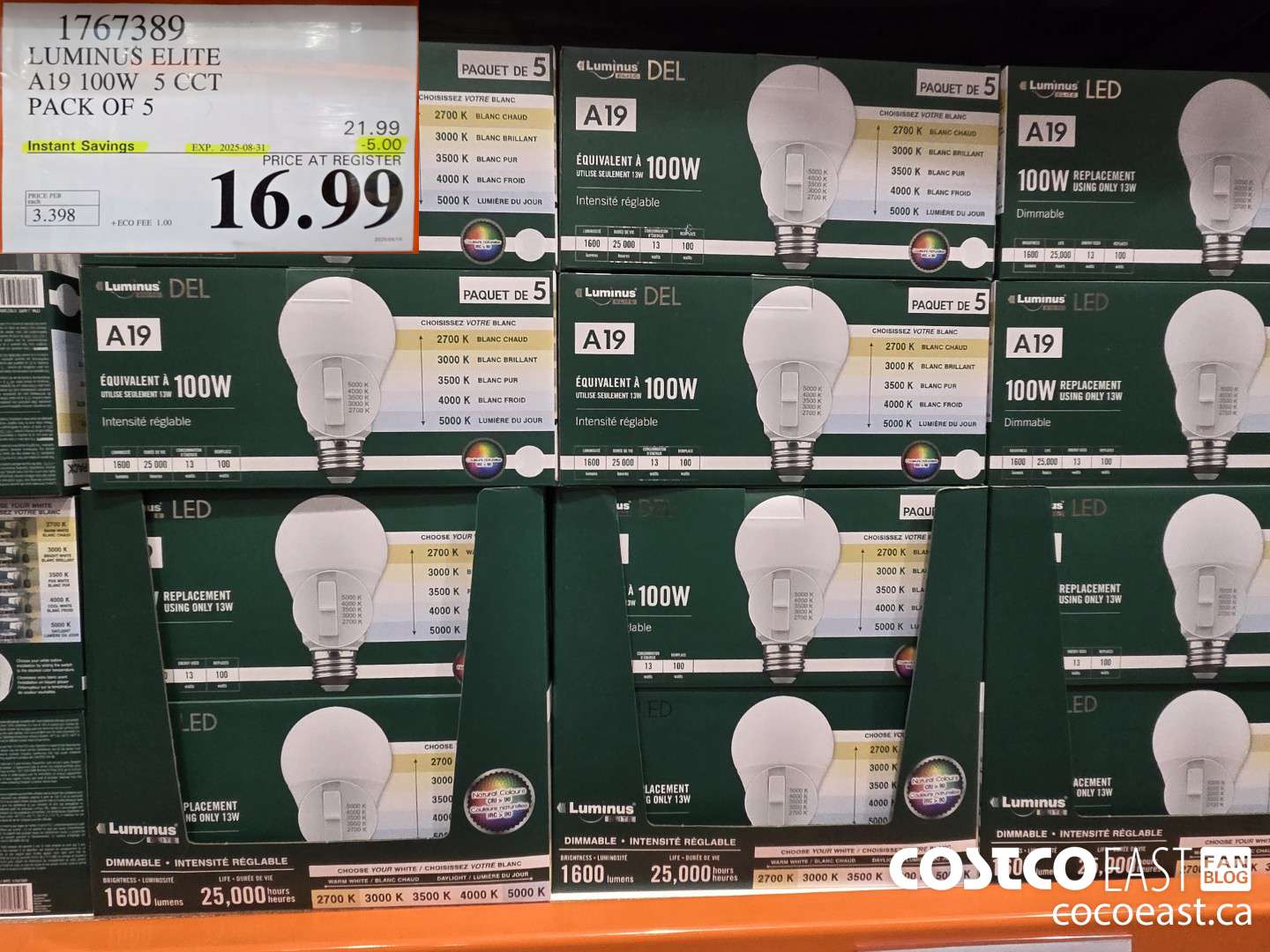 1767389 LUMINUS ELITE A19 100W 5 CCT PACK OF 5 ($5.00 INSTANT SAVINGS EXPIRES ON 2025-08-31) $16.99