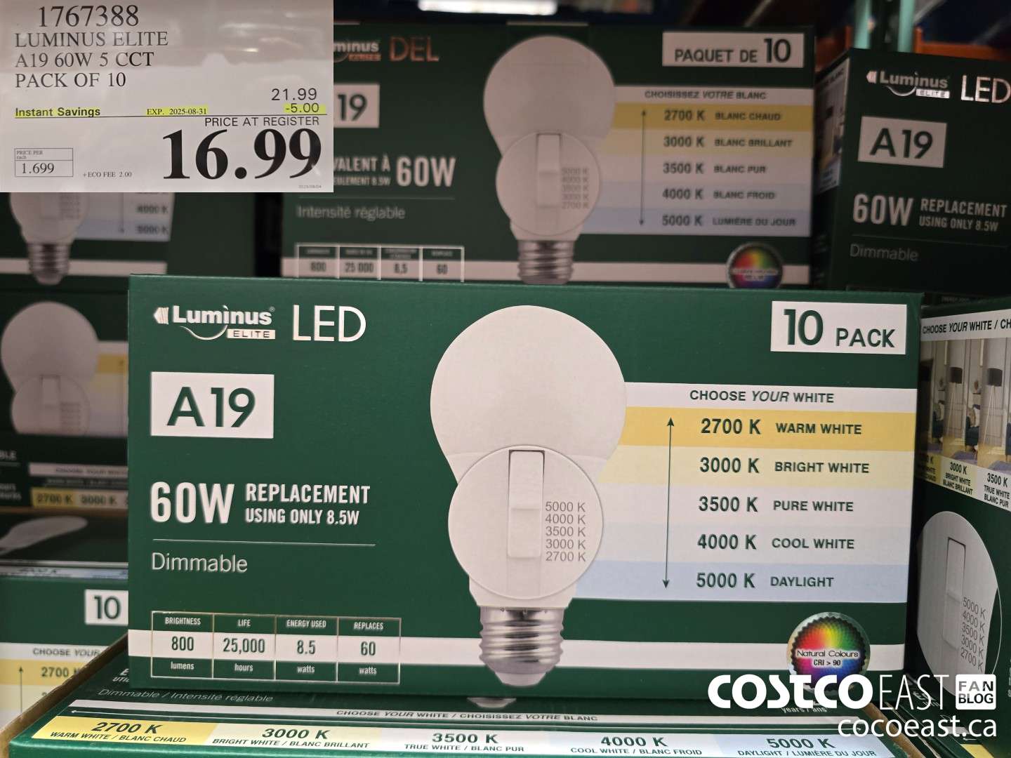 1767388 LUMINUS ELITE A19 60W 5 CCT PACK OF 10 ($5.00 INSTANT SAVINGS EXPIRES ON 2025-08-31) $16.99