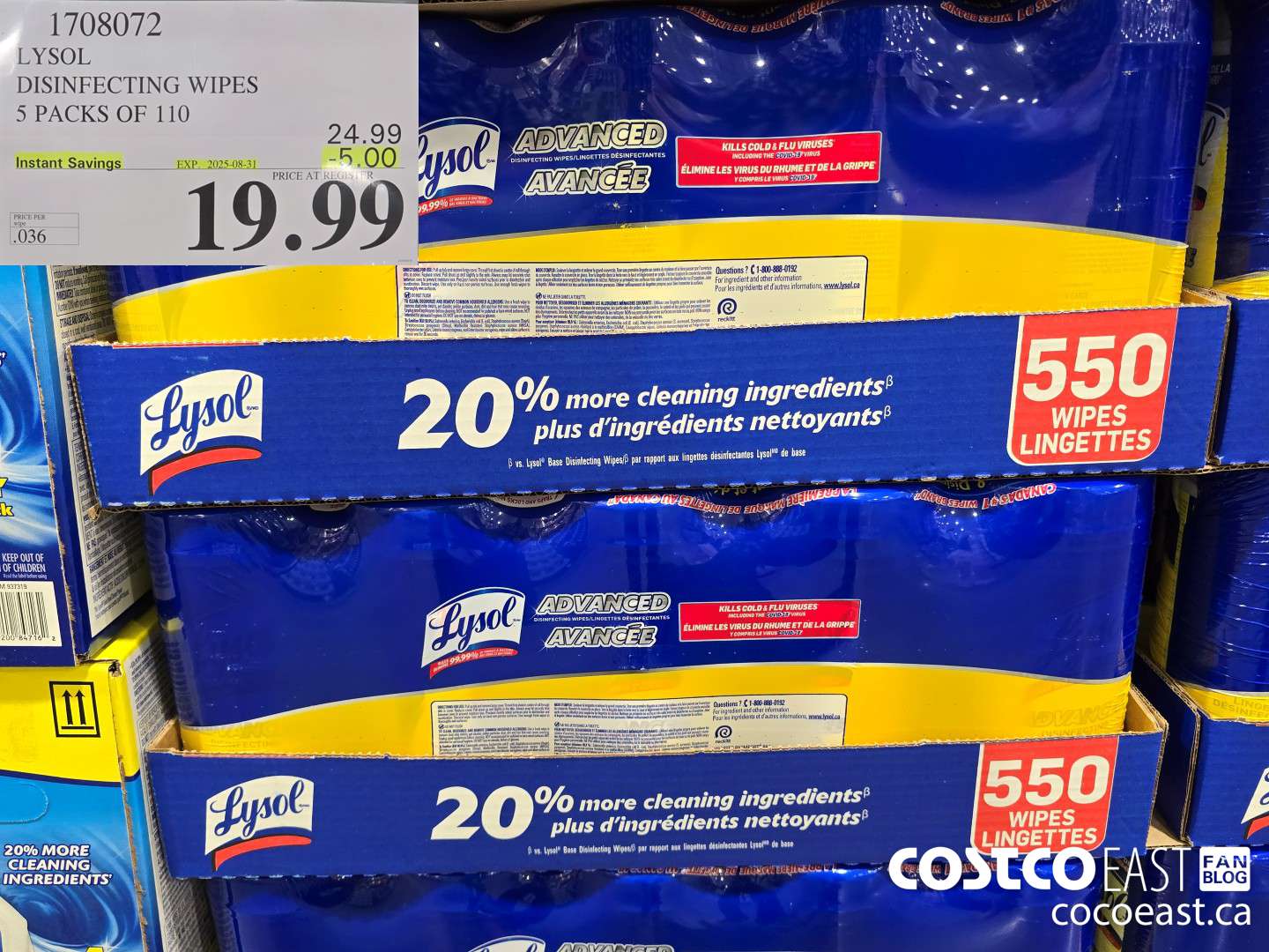 1708072 LYSOL DISINFECTING WIPES 5 PACKS OF 110 ($5.00 INSTANT SAVINGS EXPIRES ON 2025-08-31) $19.99