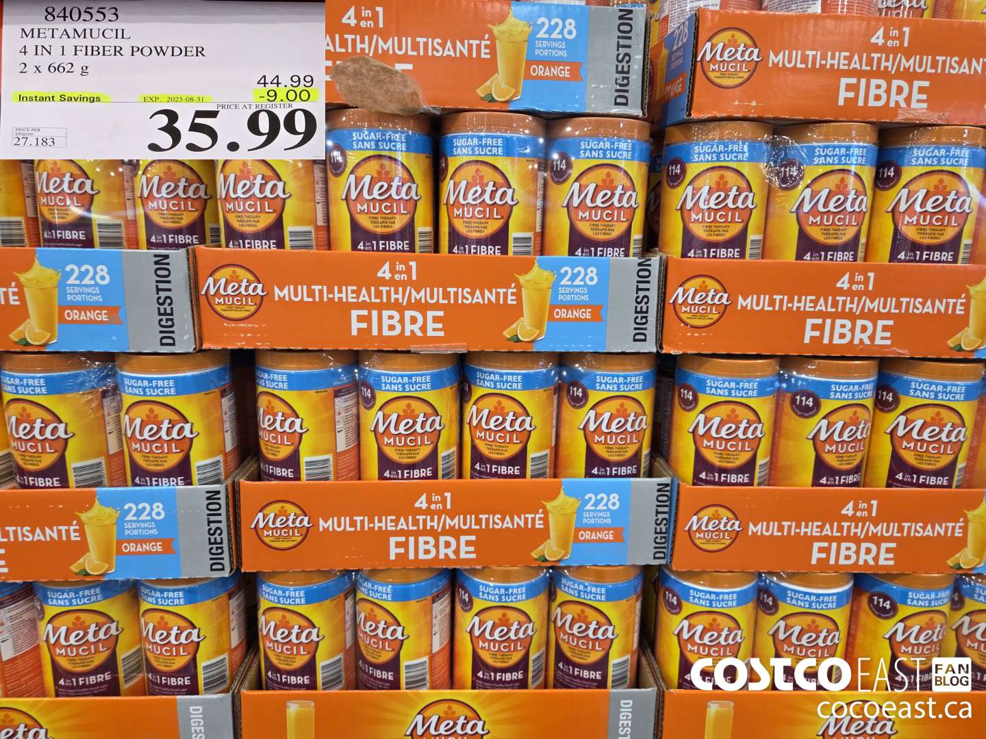 840553 METAMUCIL 4 IN 1 FIBER POWDER 2 X 662 G ($9.00 INSTANT SAVINGS EXPIRES ON 2025-08-31) $35.99