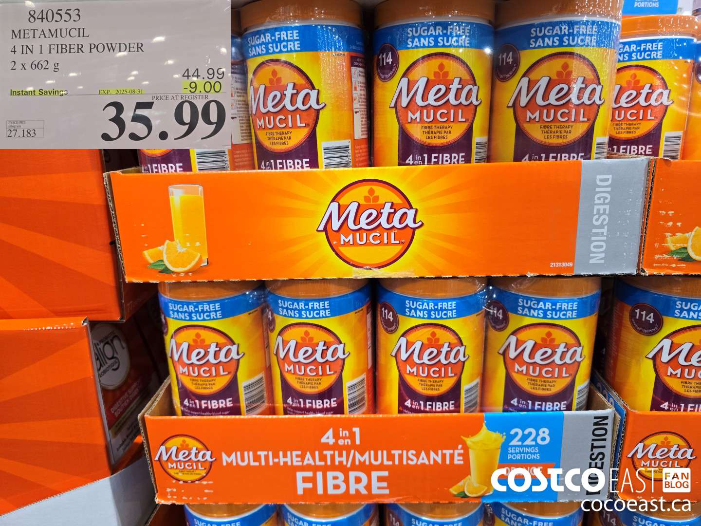 840553 METAMUCIL 4 IN 1 FIBER POWDER 2 X 662 G ($9.00 INSTANT SAVINGS EXPIRES ON 2025-08-31) $35.99